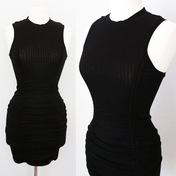 Free People Intimately Black Mock Neck Ribbed Knit Ruched Skirt Mini Dress XS - Picture 1 of 10